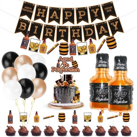 Whiskey Birthday Party Decorations, Aged to Perfection Birthday Party Supplies Whiskey Birthday Banner Garland, Whiskey Cake Toppers, White Black Champagne Gold Balloons Whiskey Bottle Foil Balloons
